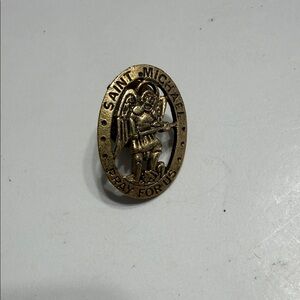 Vintage Saint Michael Pray For Us Gold Tone Lapel Pin – Religious Catholic Medal